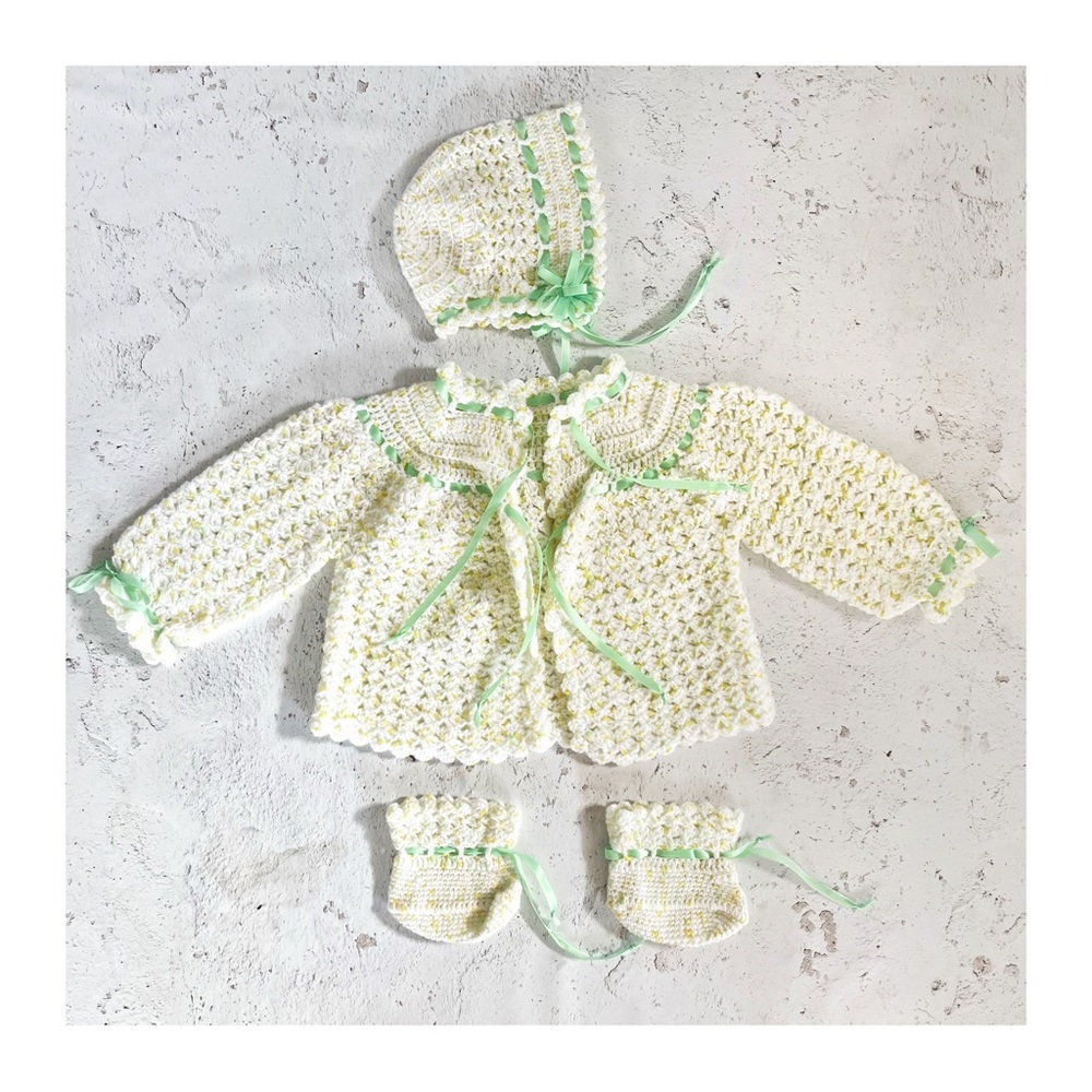 Vintage Hand Knit Crochet Baby Sweater Set Booties Bonnet Green/Yellow